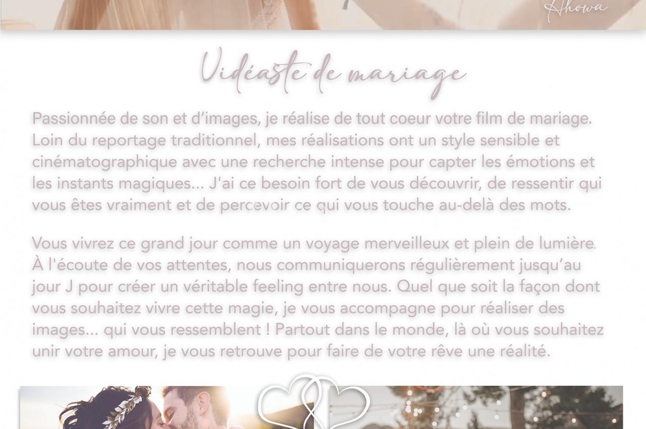 Page présentant les services de vidéaste de mariage, avec photos de couples et texte sur l'approche artistique.