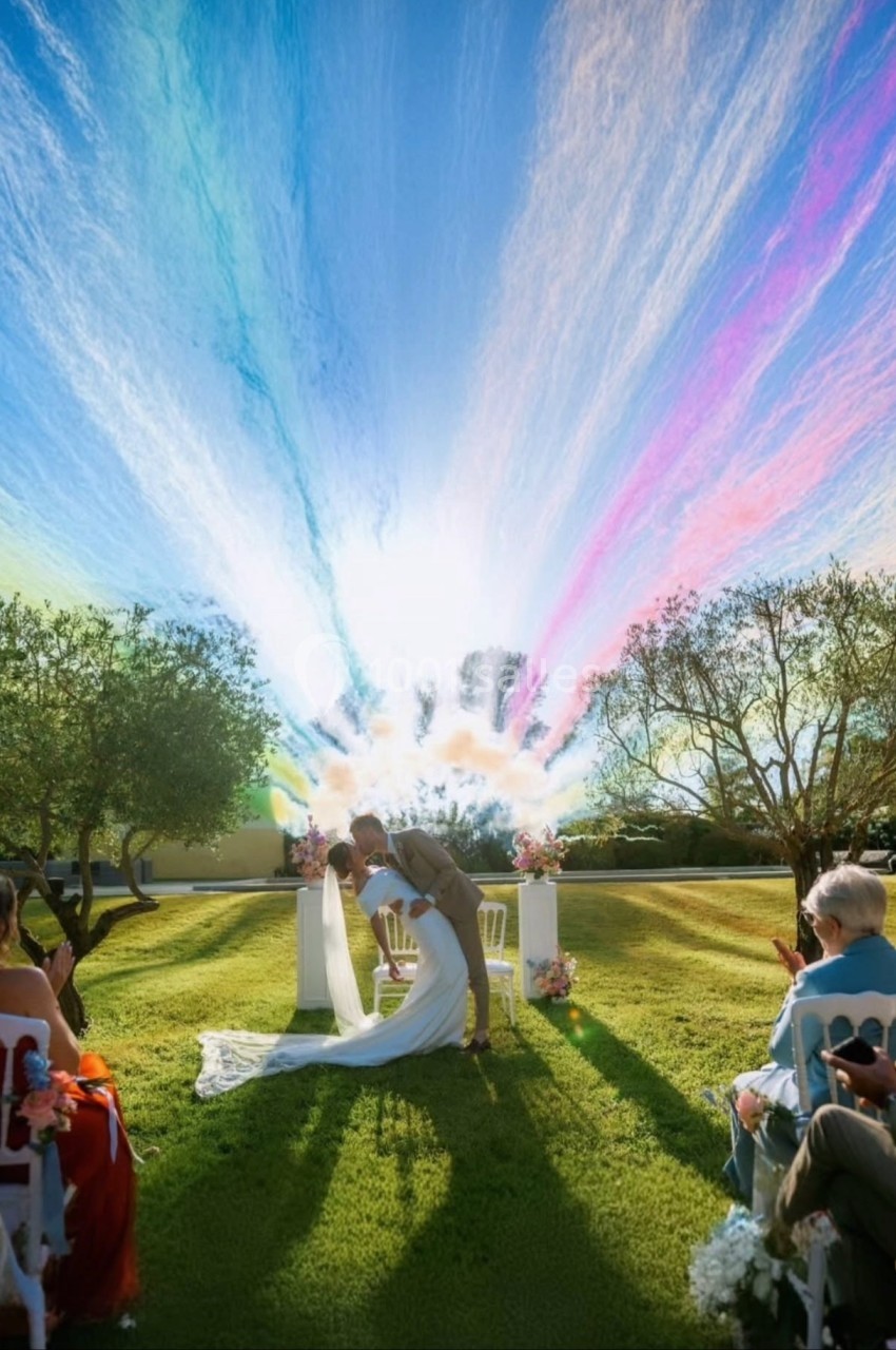 Un couple échange un baiser lors d'une cérémonie de mariage en plein air, sous un ciel coloré et lumineux.