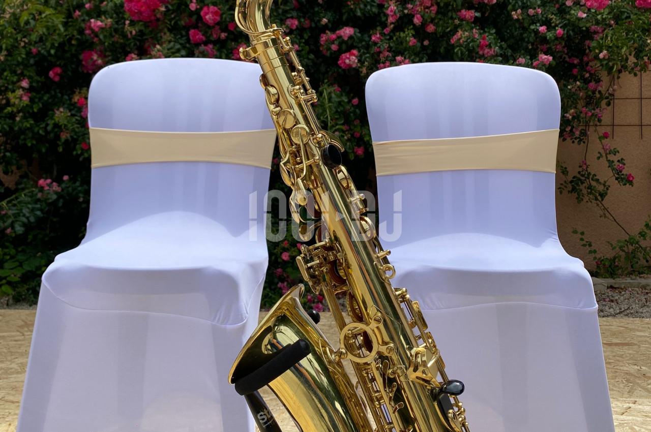 Un saxophone doré posé devant deux chaises blanches décorées, avec un fond de buissons fleuris.