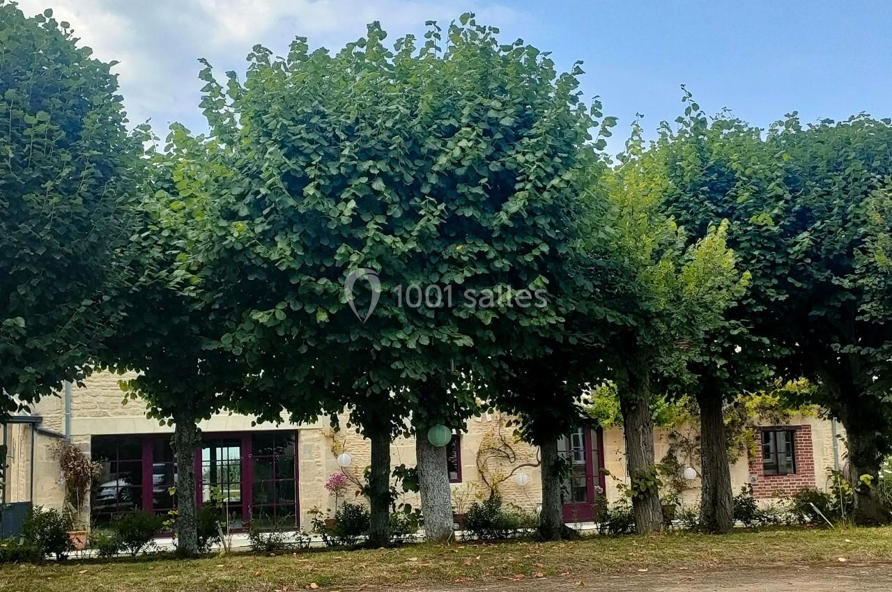 Alignement d'arbres taillés devant un bâtiment en pierre avec des fenêtres et des portes visibles.