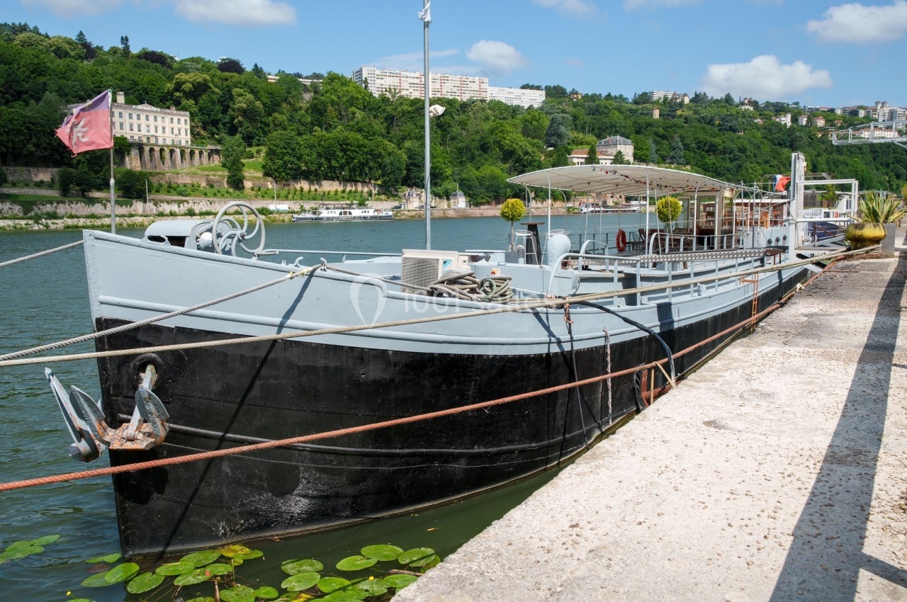 Bateau amarré le long d'un quai, entouré de végétation et d'immeubles en arrière-plan.