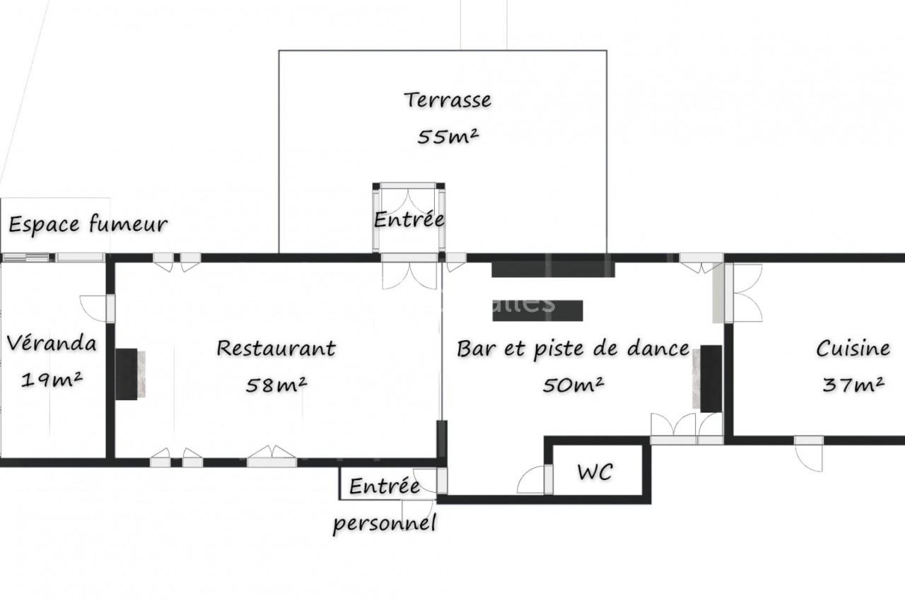 Plan d'un établissement avec terrasse, restaurant, bar, piste de danse, cuisine, véranda et espaces annexes.