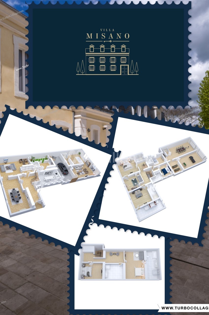 Plan 3D d'une villa avec plusieurs vues détaillées des espaces intérieurs, présenté sur un fond illustrant la façade…
