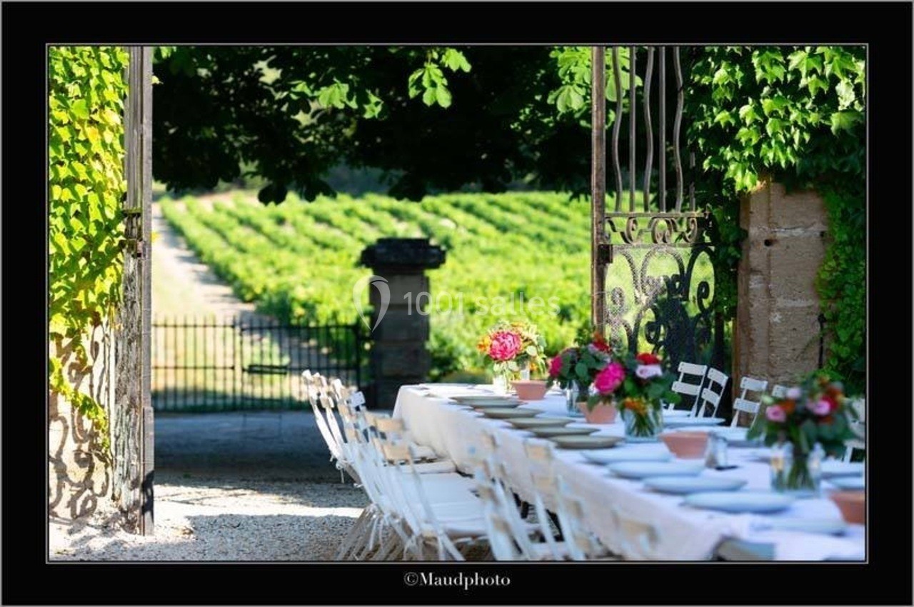 Table dressée en extérieur sous une tonnelle, avec vue sur des rangées de vignes au loin.