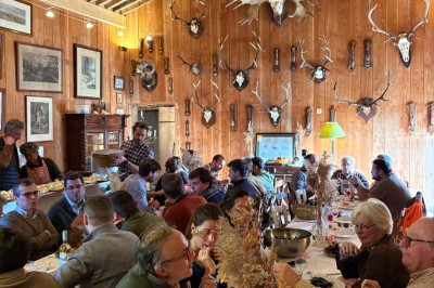 Deux fauteuils en cuir disposés près d'un poêle à bois dans une pièce au mur en bois décorée de cadres et d'une tête d'ours.