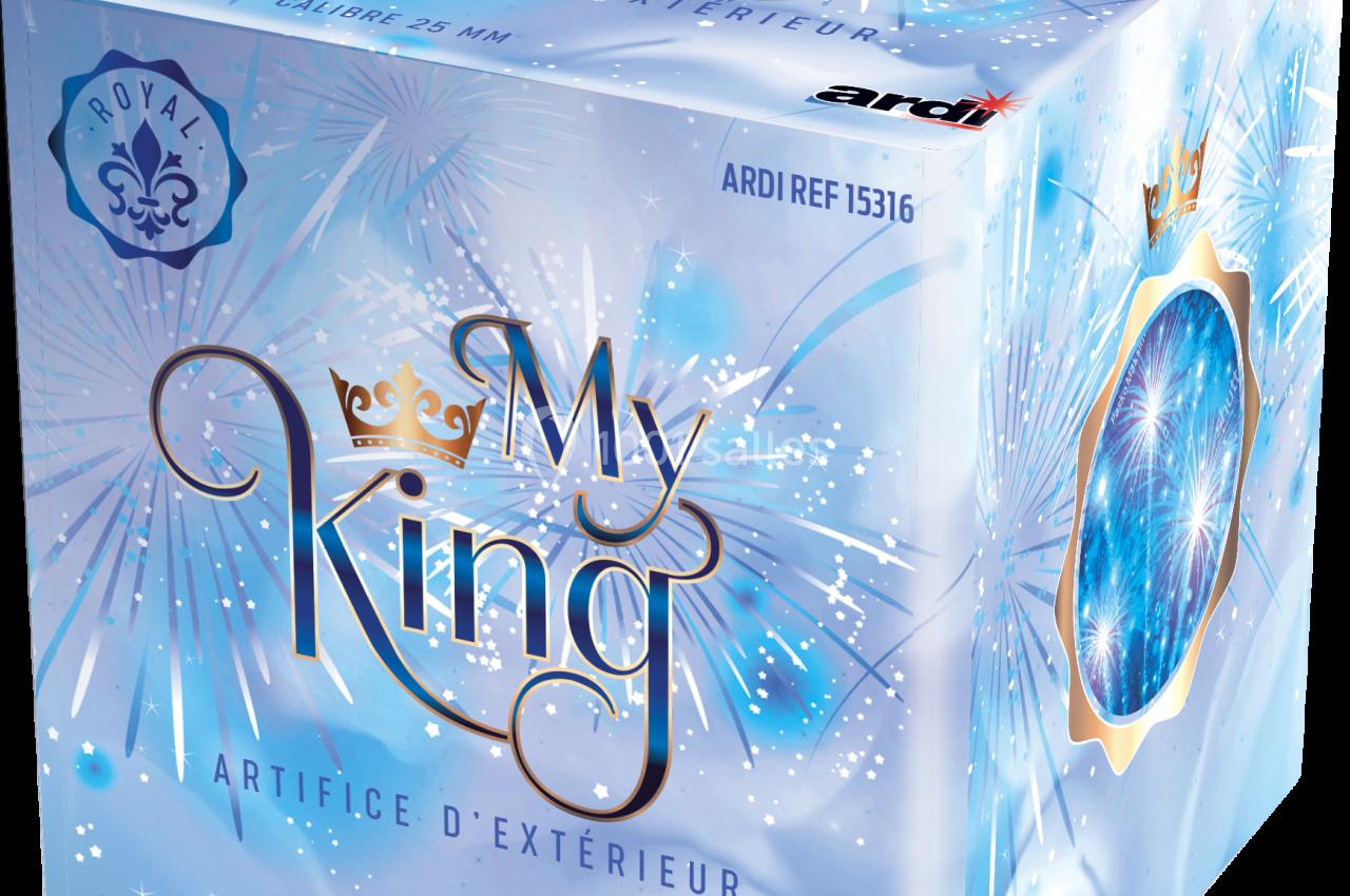 Boîte de feux d'artifice ’My King’ avec design bleu, motifs de couronnes et éclats lumineux.