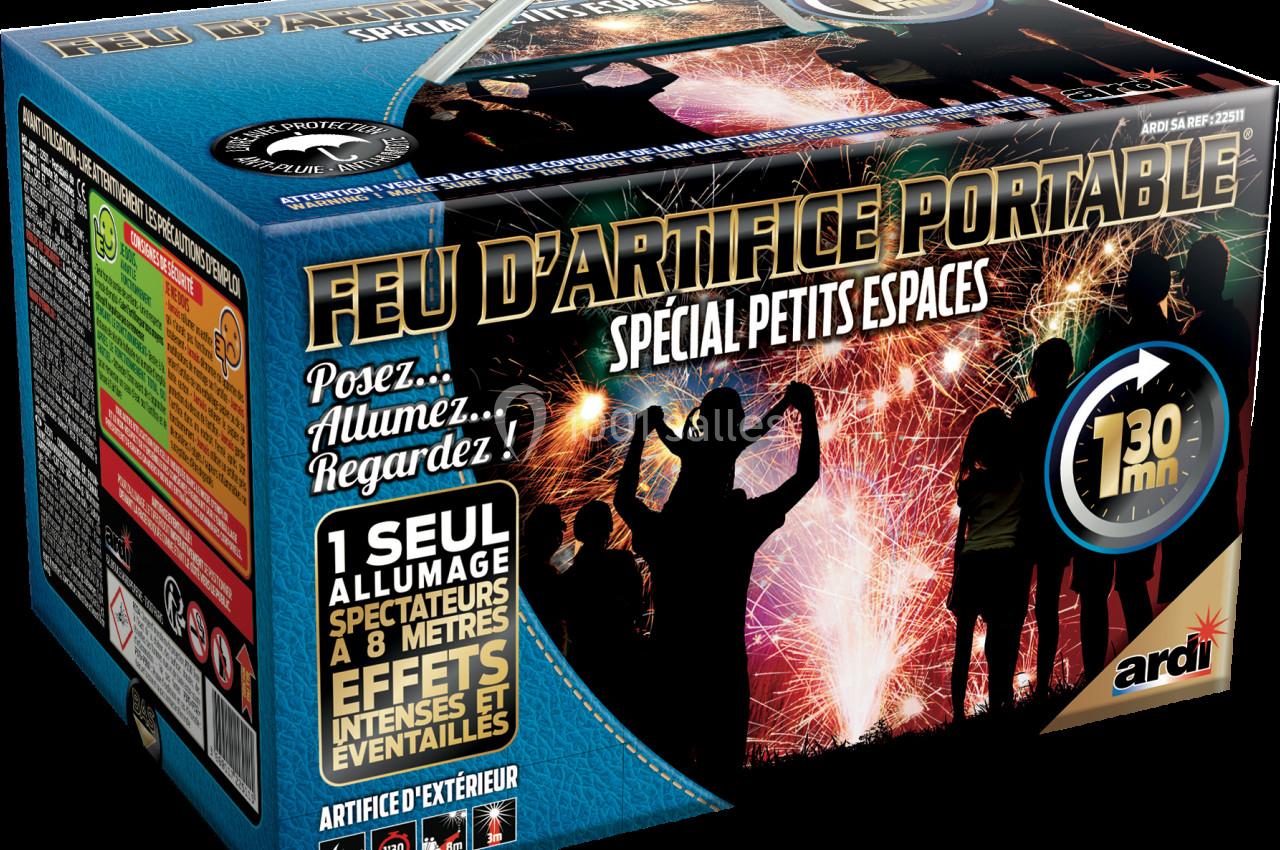 Boîte de feu d'artifice portable avec illustrations de feux et silhouettes de spectateurs en arrière-plan.