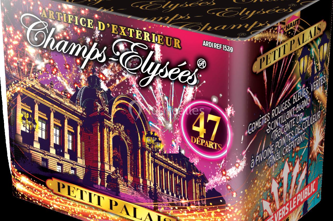 Boîte de feux d'artifice ’Petit Palais’ avec illustration colorée et mention de 47 départs.