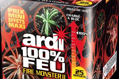 Miniature Ouest Artifices #39 Boîte de feux d'artifice avec illustrations de gerbes colorées et mentions ’100% feu’ et ’25 départs’.