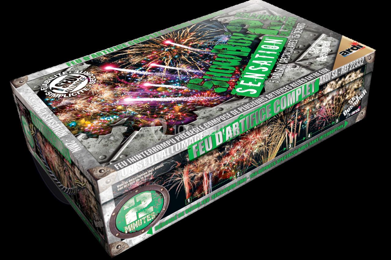 Boîte de feux d'artifice avec illustrations de spectacles pyrotechniques et détails du produit imprimés.