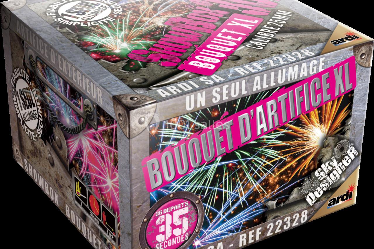 Boîte de feu d'artifice avec des illustrations de fusées colorées et des informations sur le produit imprimées dessus.