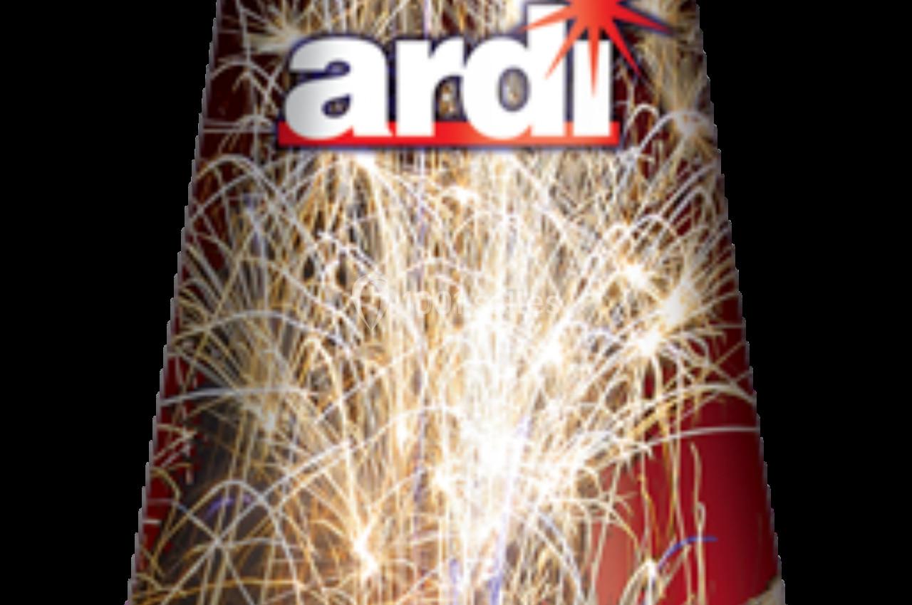 Cône de feu d'artifice rouge et argenté avec des motifs d'étincelles et des inscriptions promotionnelles.