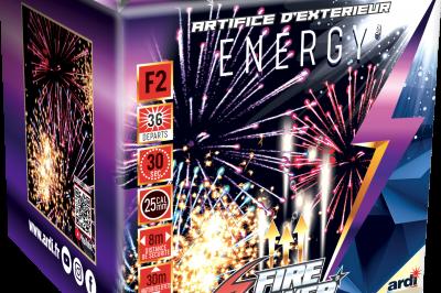 Boîte de feu d'artifice portable dorée avec illustrations de feux d'artifice et informations sur le produit.