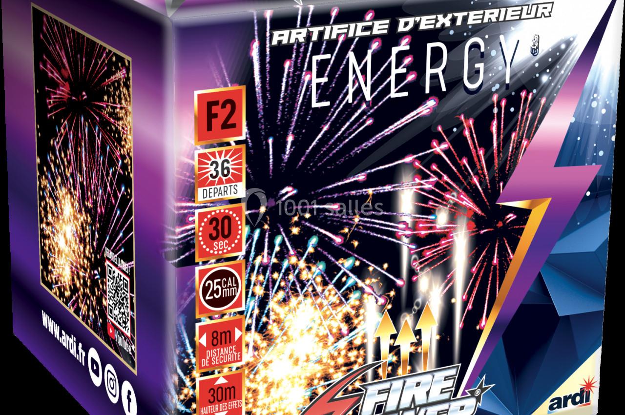 Boîte de feux d'artifice avec illustrations de gerbes lumineuses et informations sur les caractéristiques du produit.
