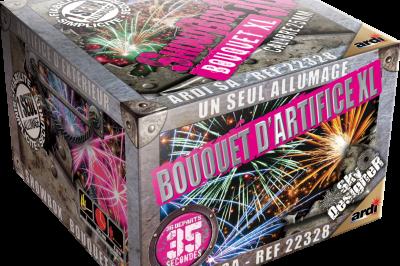Boîte de feu d'artifice portable dorée avec illustrations de feux d'artifice et informations sur le produit.