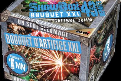 Boîte de feu d'artifice portable dorée avec illustrations de feux d'artifice et informations sur le produit.