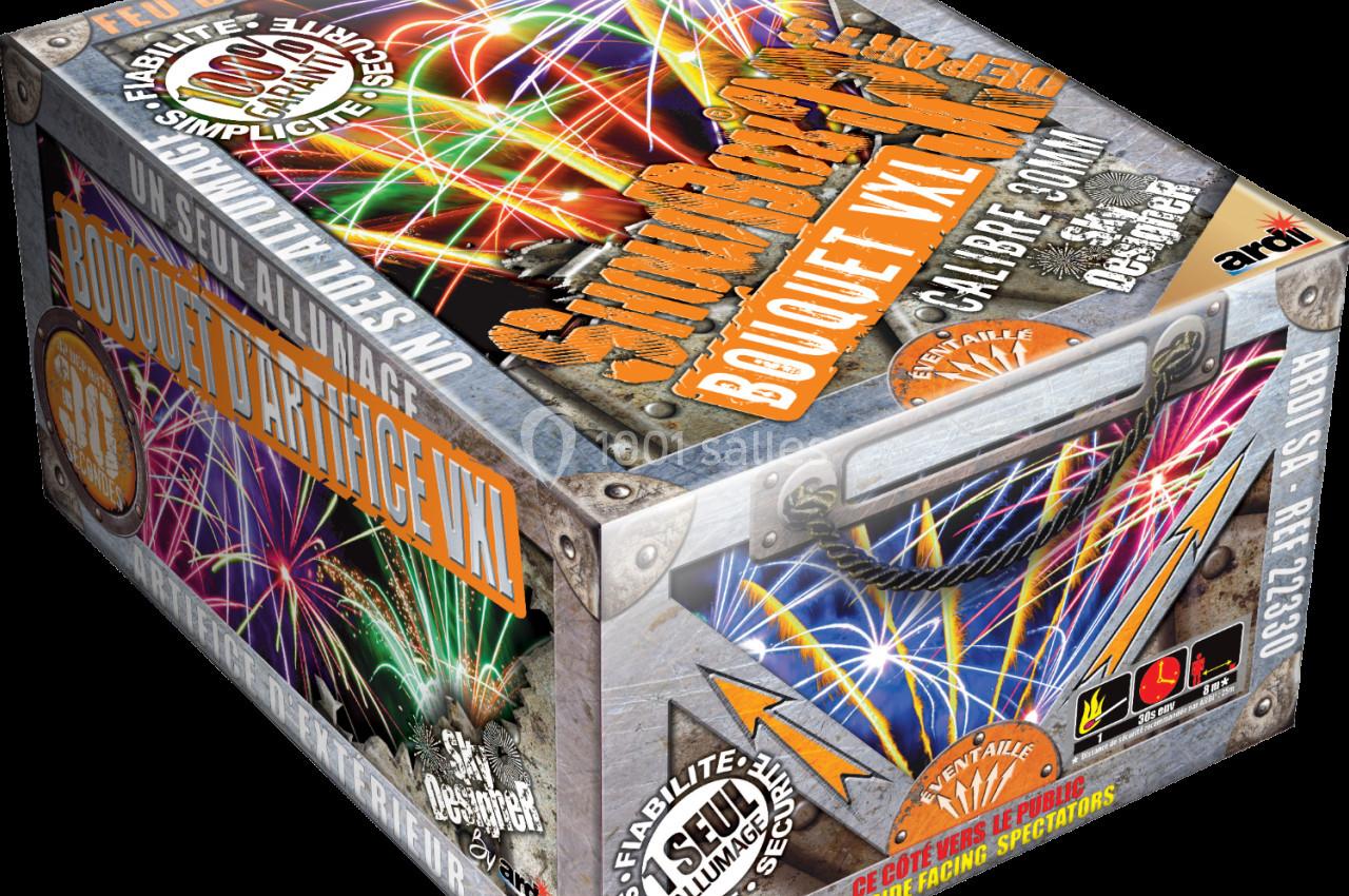 Boîte de feux d'artifice avec un design coloré et des illustrations représentant des explosions lumineuses.