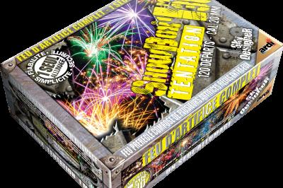 Boîte de feu d'artifice portable dorée avec illustrations de feux d'artifice et informations sur le produit.