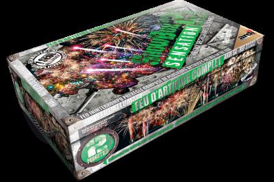 Boîte de feu d'artifice portable dorée avec illustrations de feux d'artifice et informations sur le produit.