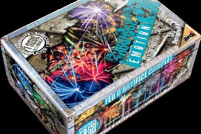 Boîte de feu d'artifice portable dorée avec illustrations de feux d'artifice et informations sur le produit.