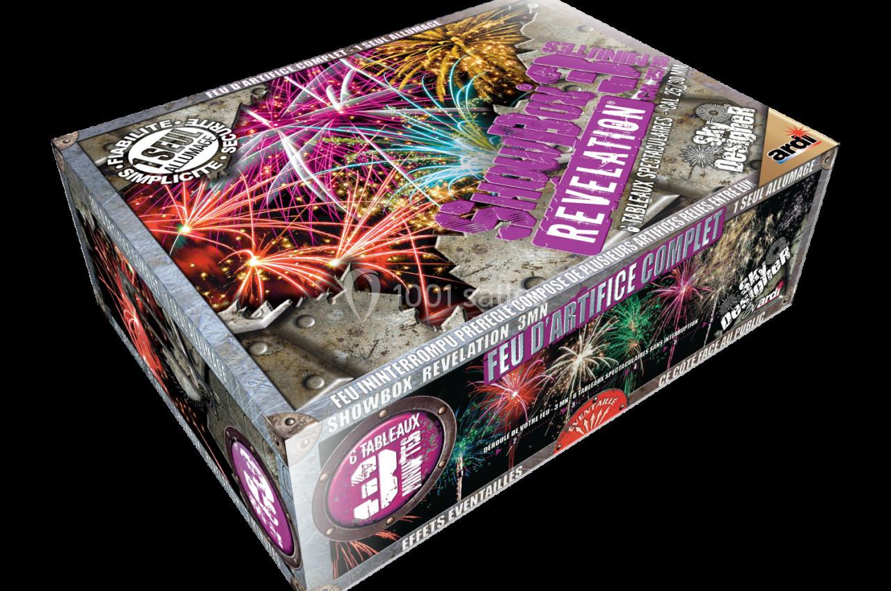 Boîte de feu d'artifice avec illustrations colorées de spectacles pyrotechniques et informations sur le contenu.