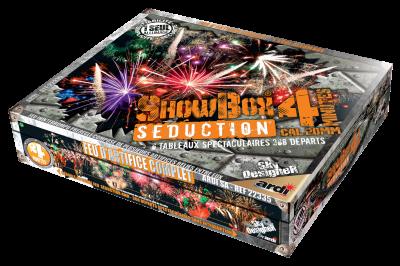 Boîte de feu d'artifice portable dorée avec illustrations de feux d'artifice et informations sur le produit.