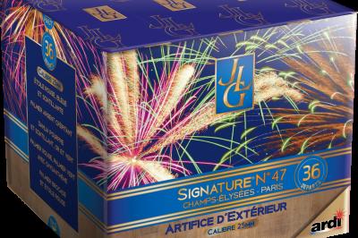Boîte de feu d'artifice portable dorée avec illustrations de feux d'artifice et informations sur le produit.