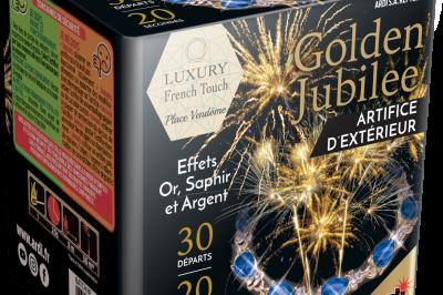 Boîte de feu d'artifice portable dorée avec illustrations de feux d'artifice et informations sur le produit.