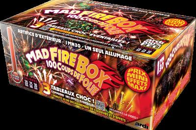 Boîte de feu d'artifice portable dorée avec illustrations de feux d'artifice et informations sur le produit.