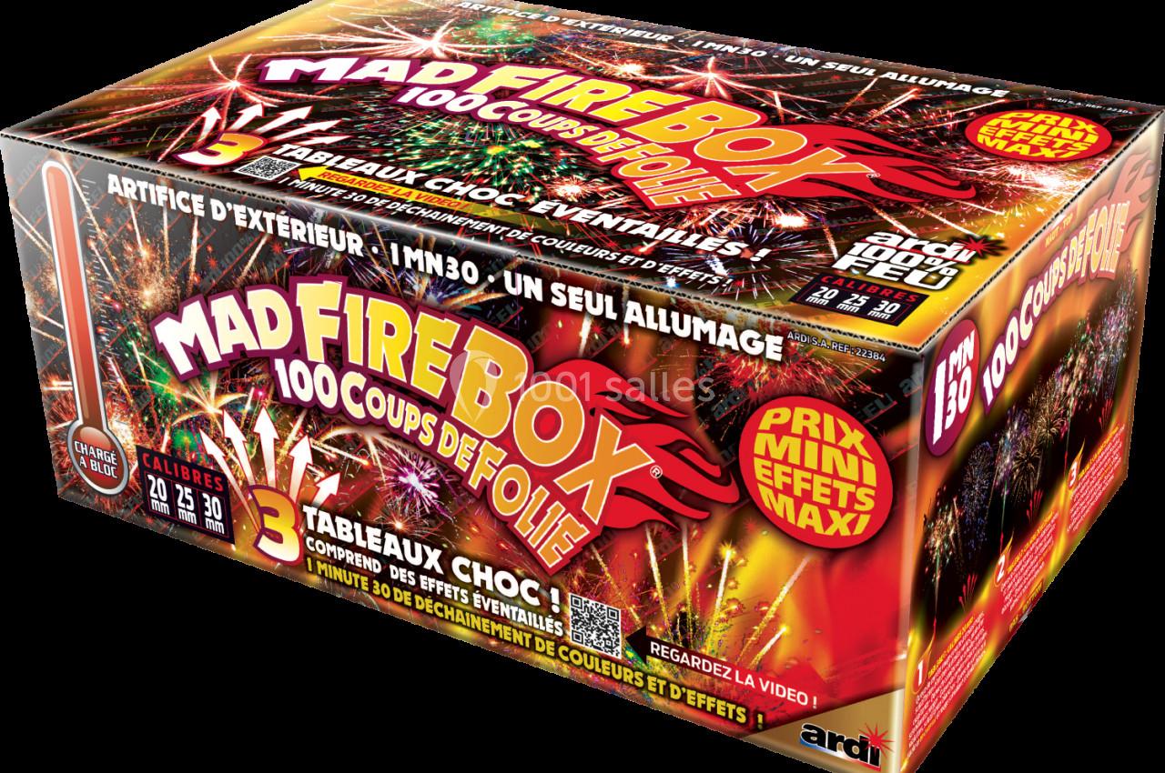 Boîte de feux d'artifice avec illustrations colorées et informations sur les effets, durée et calibre des explosions.