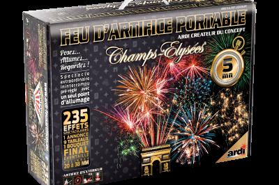 Boîte de feu d'artifice portable dorée avec illustrations de feux d'artifice et informations sur le produit.