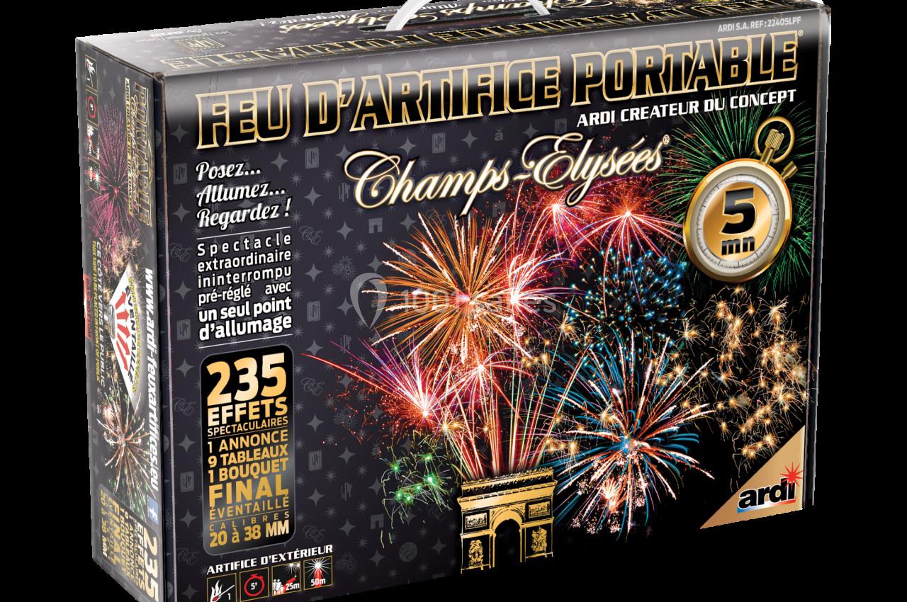 Boîte de feu d'artifice portable avec illustrations de feux multicolores et mentions des caractéristiques du produit.