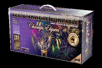 Boîte de feu d'artifice portable dorée avec illustrations de feux d'artifice et informations sur le produit.