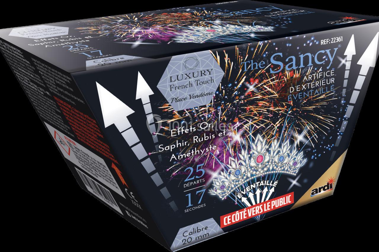 Boîte de feu d'artifice en éventail avec détails sur les effets, le calibre et les instructions d'utilisation.