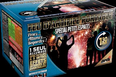 Boîte de feu d'artifice portable dorée avec illustrations de feux d'artifice et informations sur le produit.