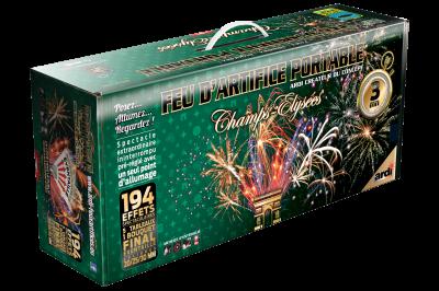 Boîte de feu d'artifice portable dorée avec illustrations de feux d'artifice et informations sur le produit.