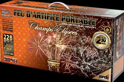 Boîte de feu d'artifice portable dorée avec illustrations de feux d'artifice et informations sur le produit.