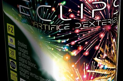 Boîte de feu d'artifice portable dorée avec illustrations de feux d'artifice et informations sur le produit.