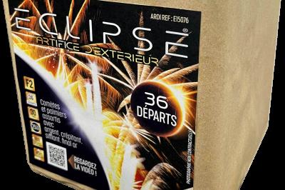 Boîte de feu d'artifice portable dorée avec illustrations de feux d'artifice et informations sur le produit.