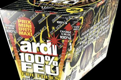 Boîte de feu d'artifice portable dorée avec illustrations de feux d'artifice et informations sur le produit.