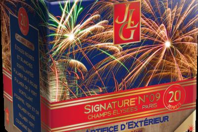 Boîte de feu d'artifice portable dorée avec illustrations de feux d'artifice et informations sur le produit.