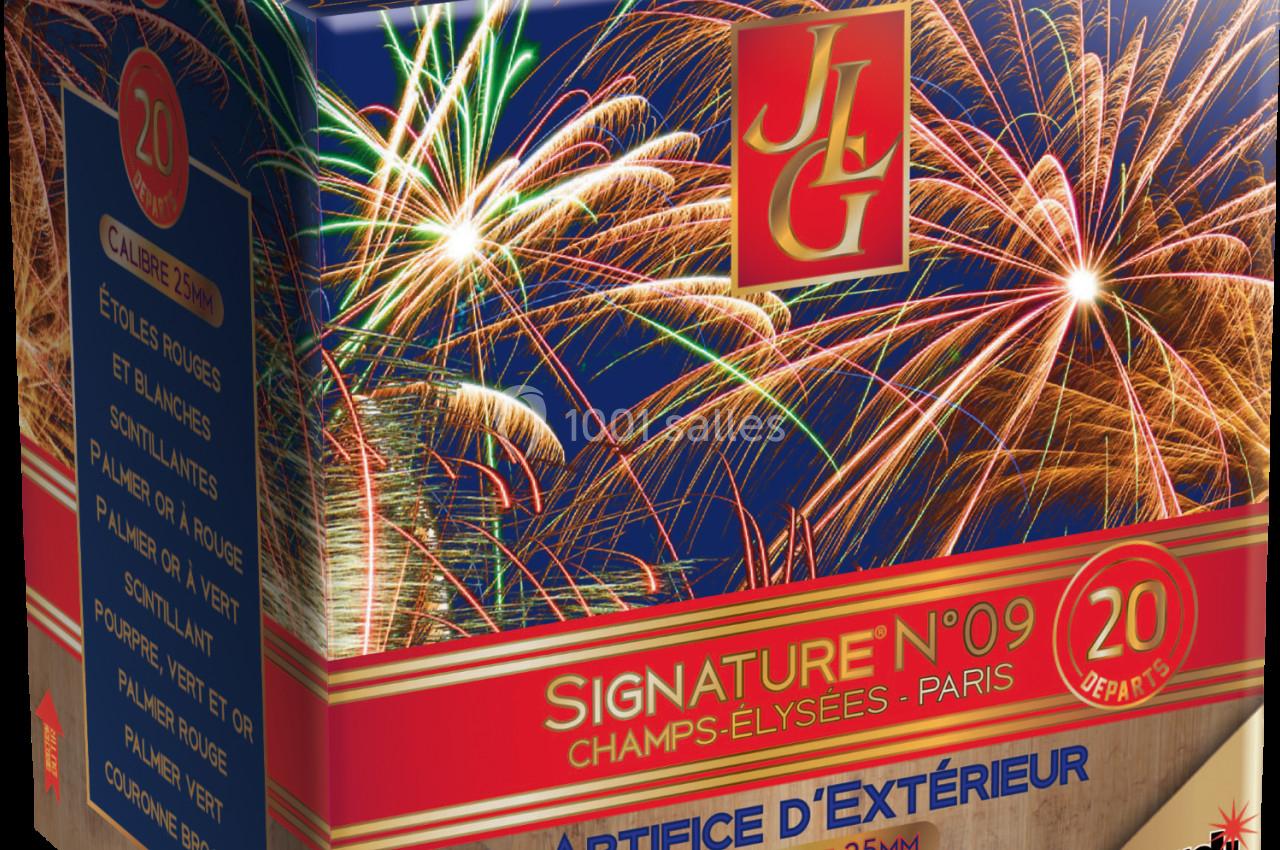 Boîte d'artifices d'extérieur avec des illustrations de feux d'artifice et des informations sur le produit.