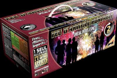 Boîte de feu d'artifice portable dorée avec illustrations de feux d'artifice et informations sur le produit.