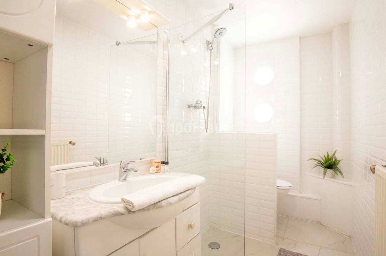 Salle de bain lumineuse avec carrelage blanc, douche vitrée, lavabo avec meuble intégré et petite plante décorative.