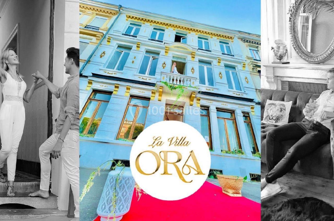 Image divisée en trois parties : un couple à une porte, une façade de villa colorée, un homme assis dans un salon élégant.