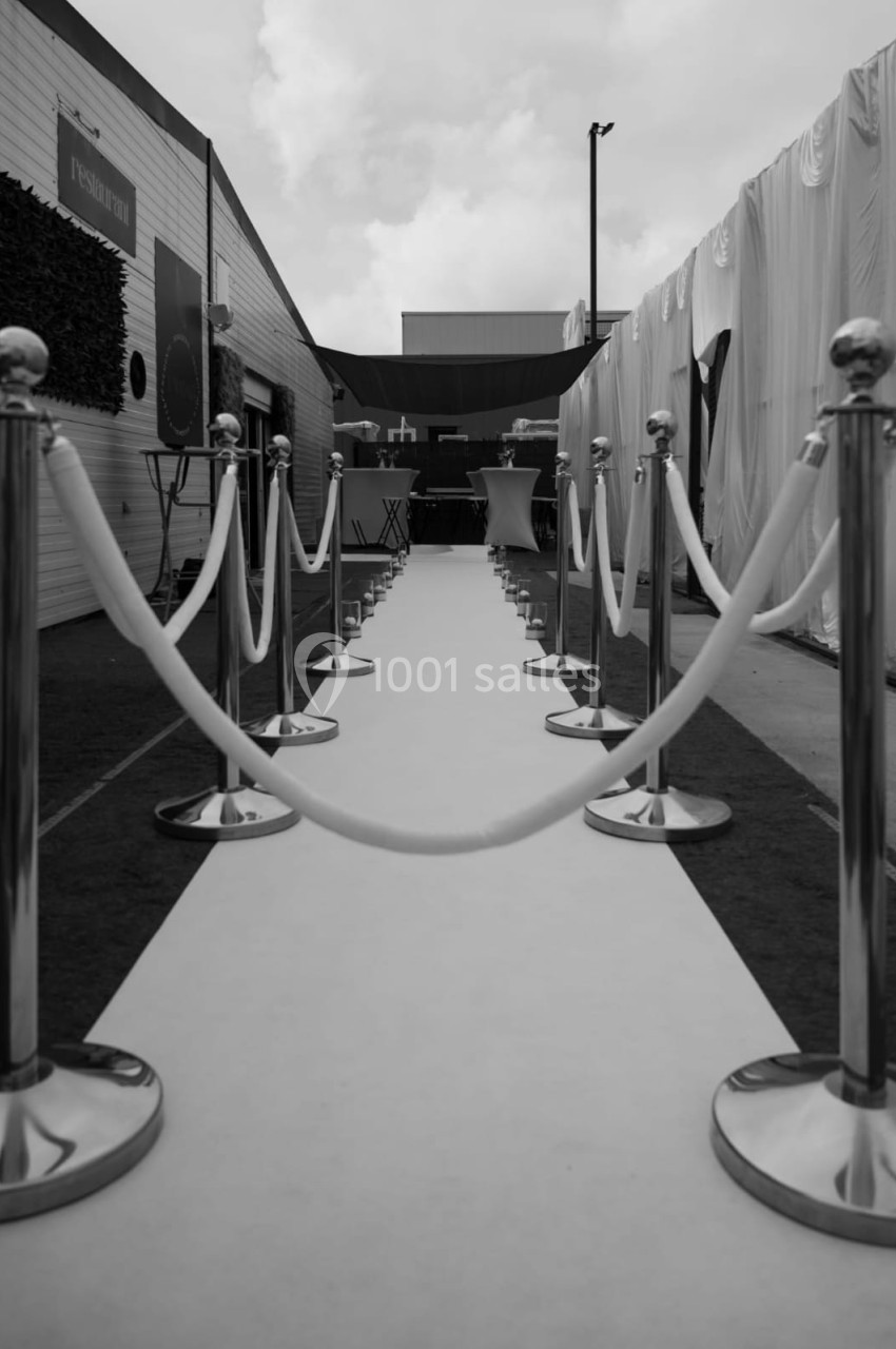 Allée bordée de poteaux chromés et de cordons blancs menant à une zone aménagée en extérieur sous un ciel nuageux.