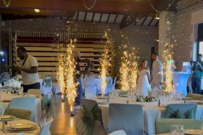 Miniature DJ Gond-Pontouvre (Charente) - Luxury Events #5 Mariés entrant dans une salle de réception décorée, entourés de fontaines lumineuses et de tables dressées.