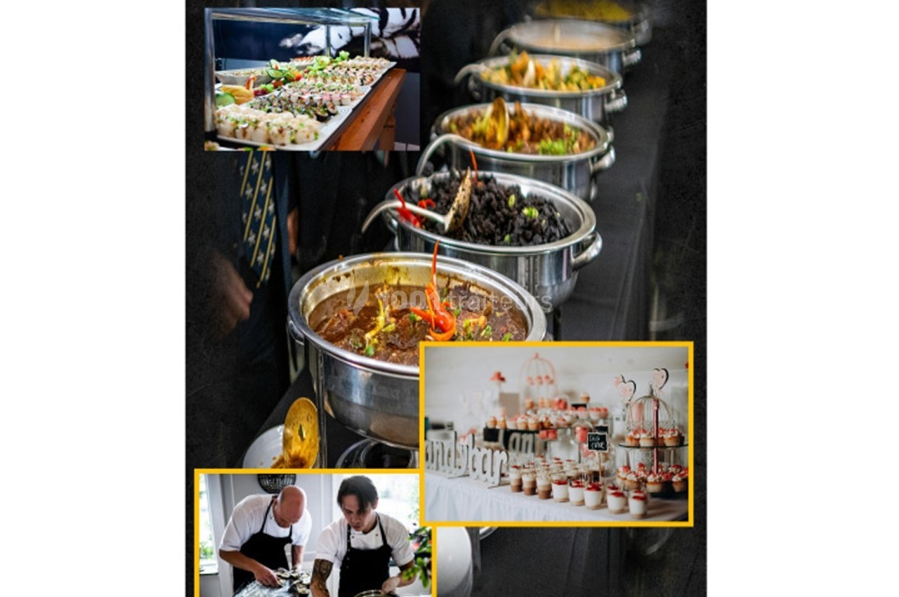 Buffet varié avec plats chauds en marmites, desserts individuels et chefs préparant des mets en cuisine.