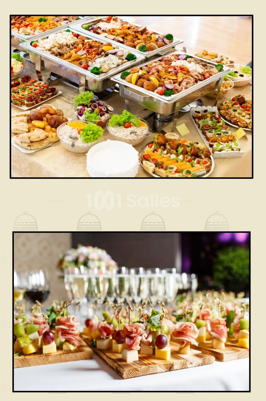 Image 1 : Buffet varié avec plats chauds, salades et amuse-bouches disposés sur une table. Image 2 : Plateau d'amuse-bouches…