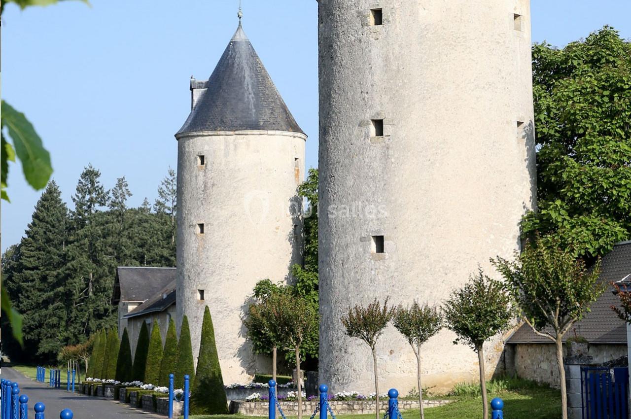 Deux tours en pierre avec toits coniques entourées d'arbres et d'une clôture bleue, sous un ciel dégagé.